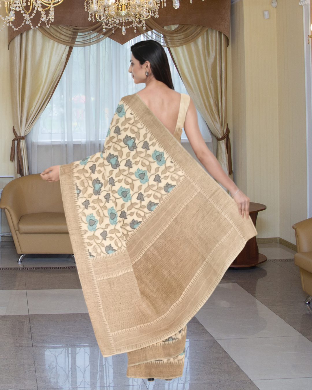 Cream Color Cotton Lenen Saree for Women - Back Side View of Saree