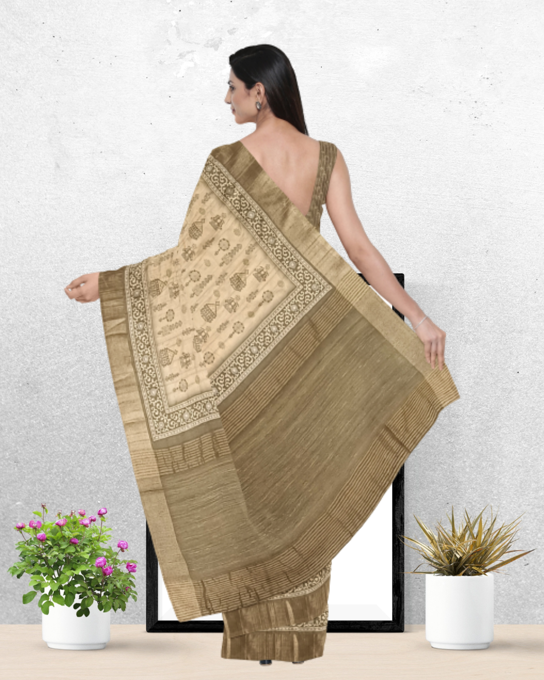 Chiku Color Tussar Silk Saree for Women - Back Side View of Saree