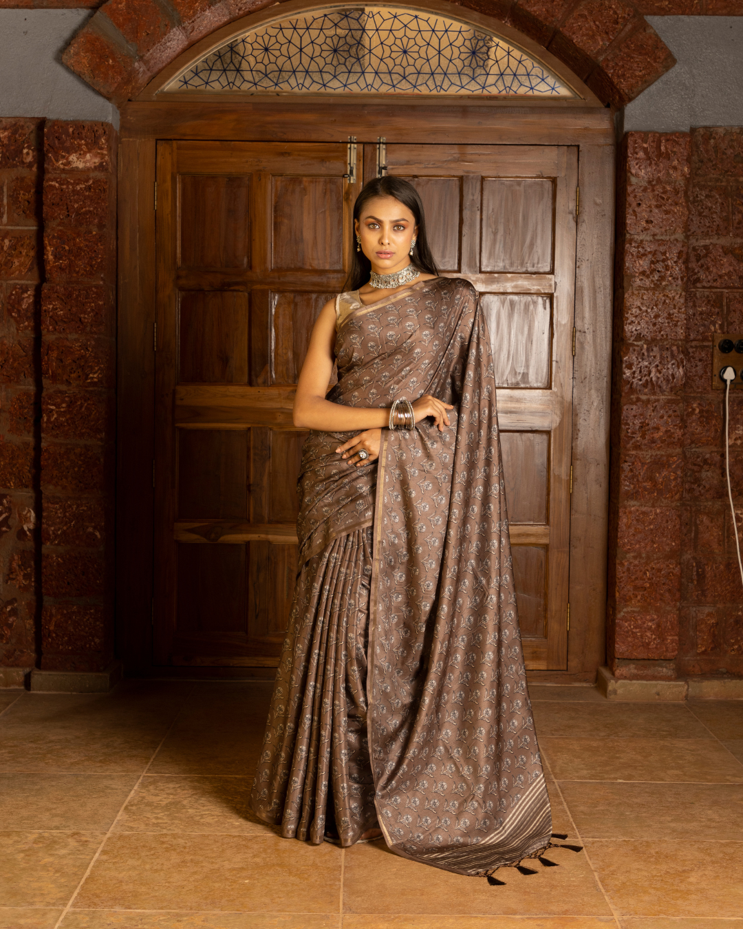 Brown Color Printed Tussar Silk Saree for Women