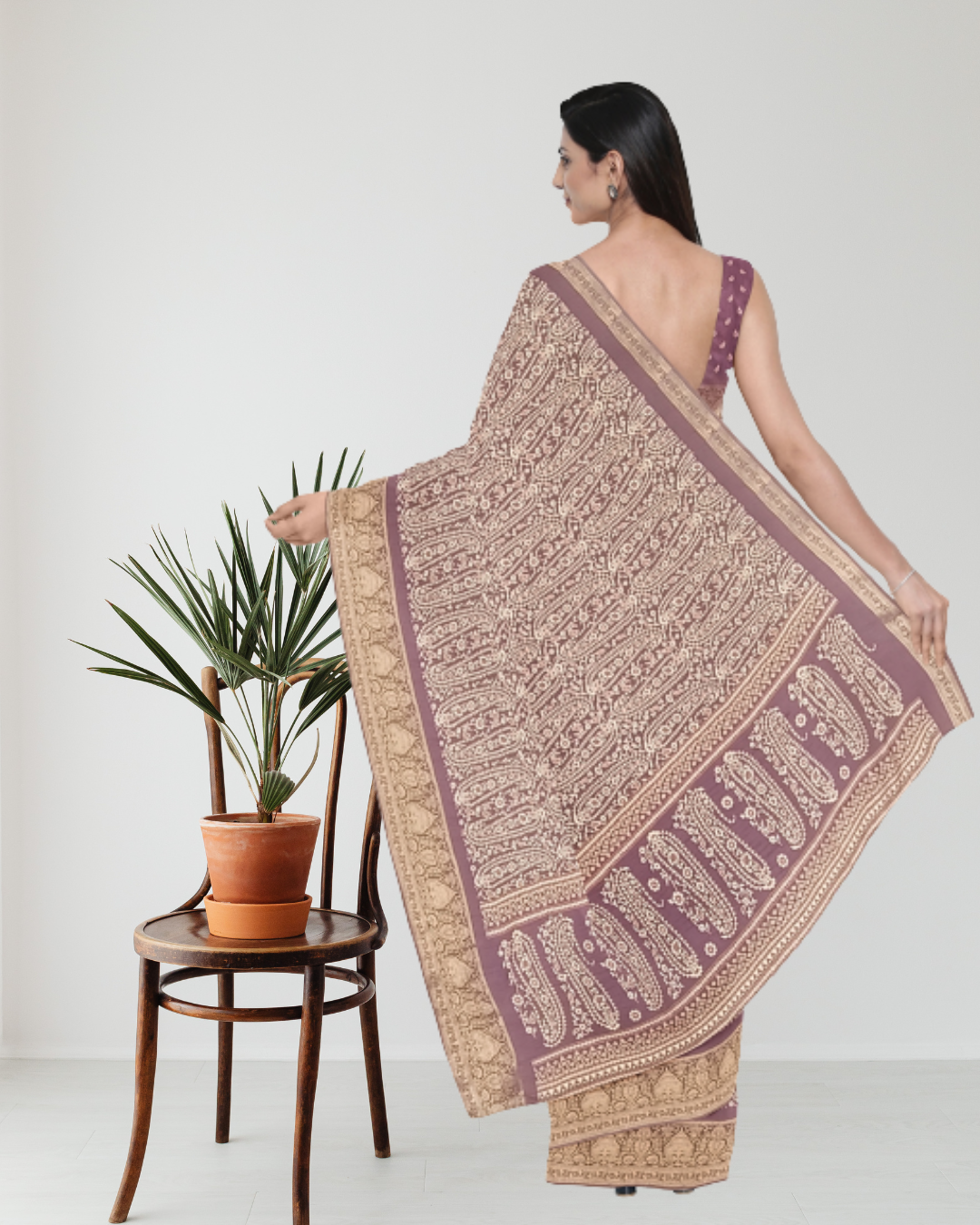 Lavender Color Crep Printed Silk Saree for Women - Back Side View of Saree