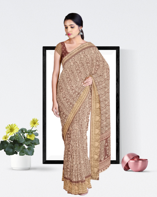 Rust Color Crep Printed Silk Saree for Women