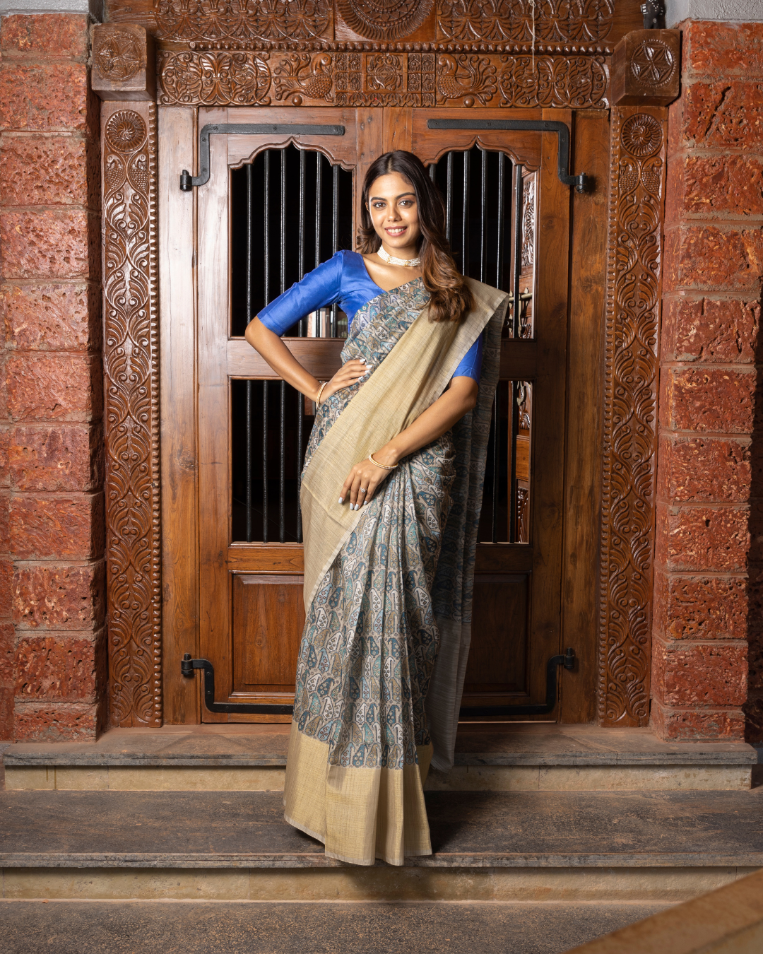 Golden Blue Color Tussar Printed Silk Saree for Women