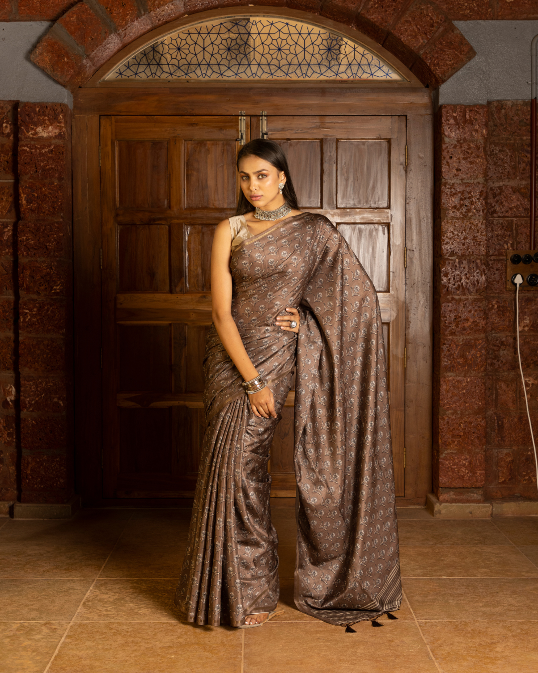 Brown Color Printed Tussar Silk Saree for Women