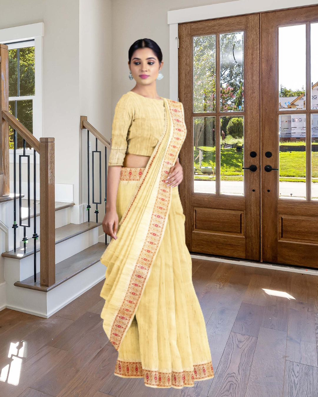 Lemon Color Lenen Silk Saree for Women - Side View of Saree