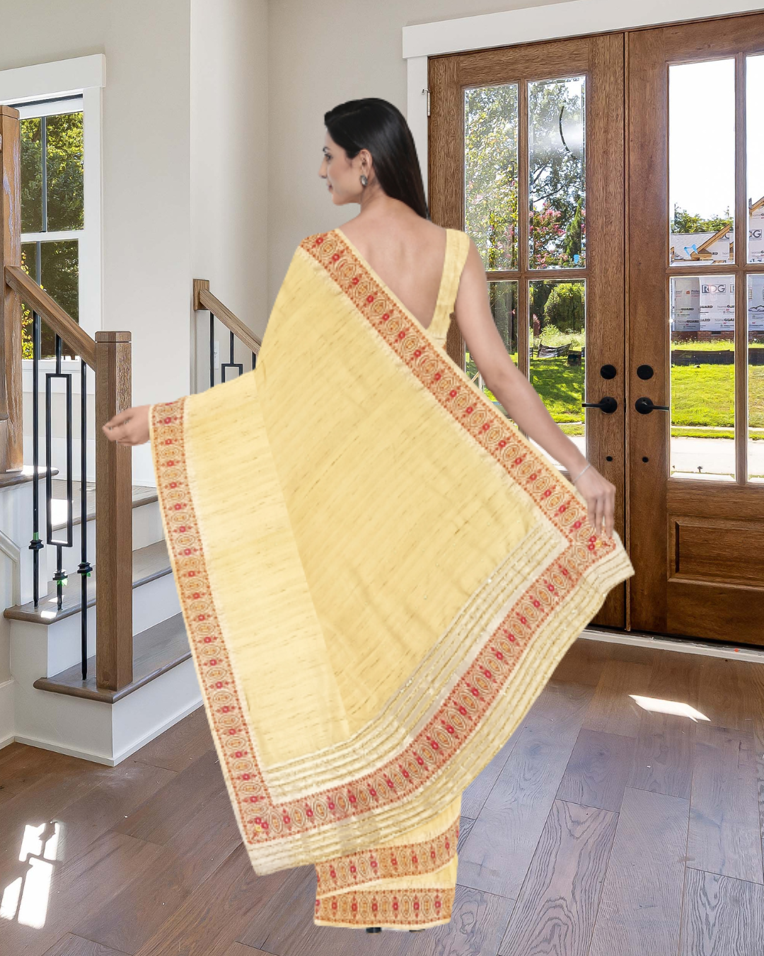 Lemon Color Lenen Silk Saree for Women - Back Side View of Saree