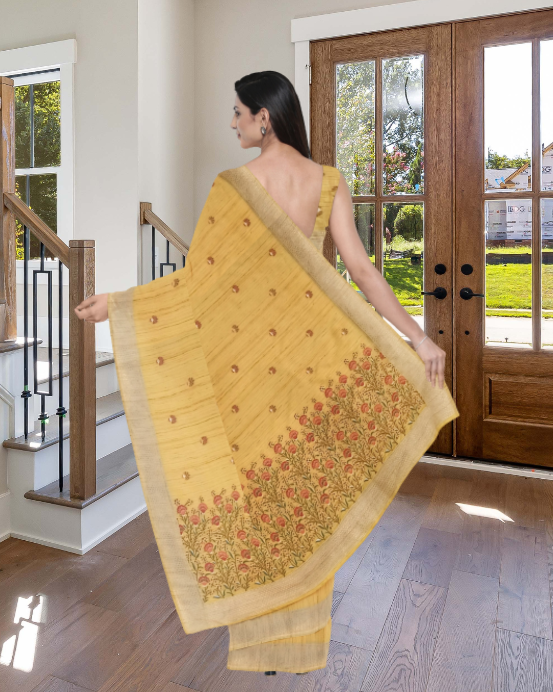 Yellow Color Jute Silk Saree for Women - Back Side View of Saree