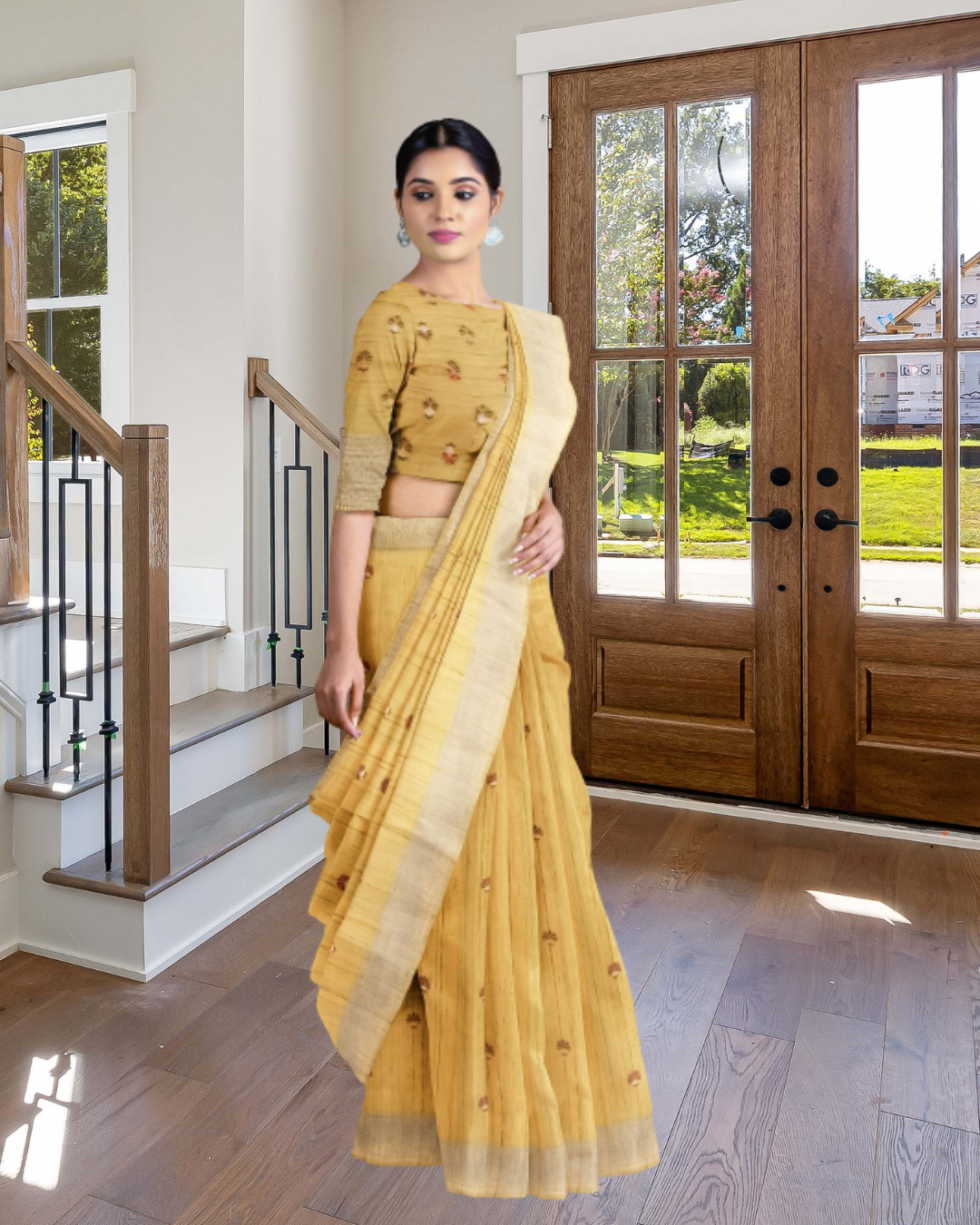 Yellow Color Jute Silk Saree for Women - Side View of Saree